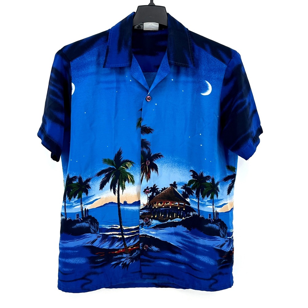 Kennington Ltd Shirt Mens M Blue Tropical Night Palm Tree Graphic Regular VTG